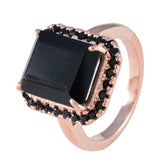 Chloe black halo ring for women with large square black stone and rose gold band